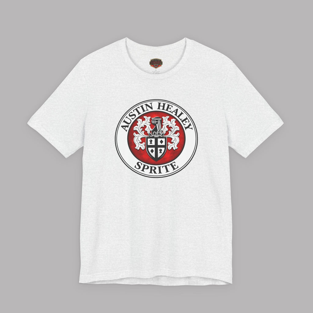 White t-shirt with Austin Healey Sprite logo on a gray background