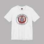 White t-shirt with Austin Healey Sprite logo on a gray background
