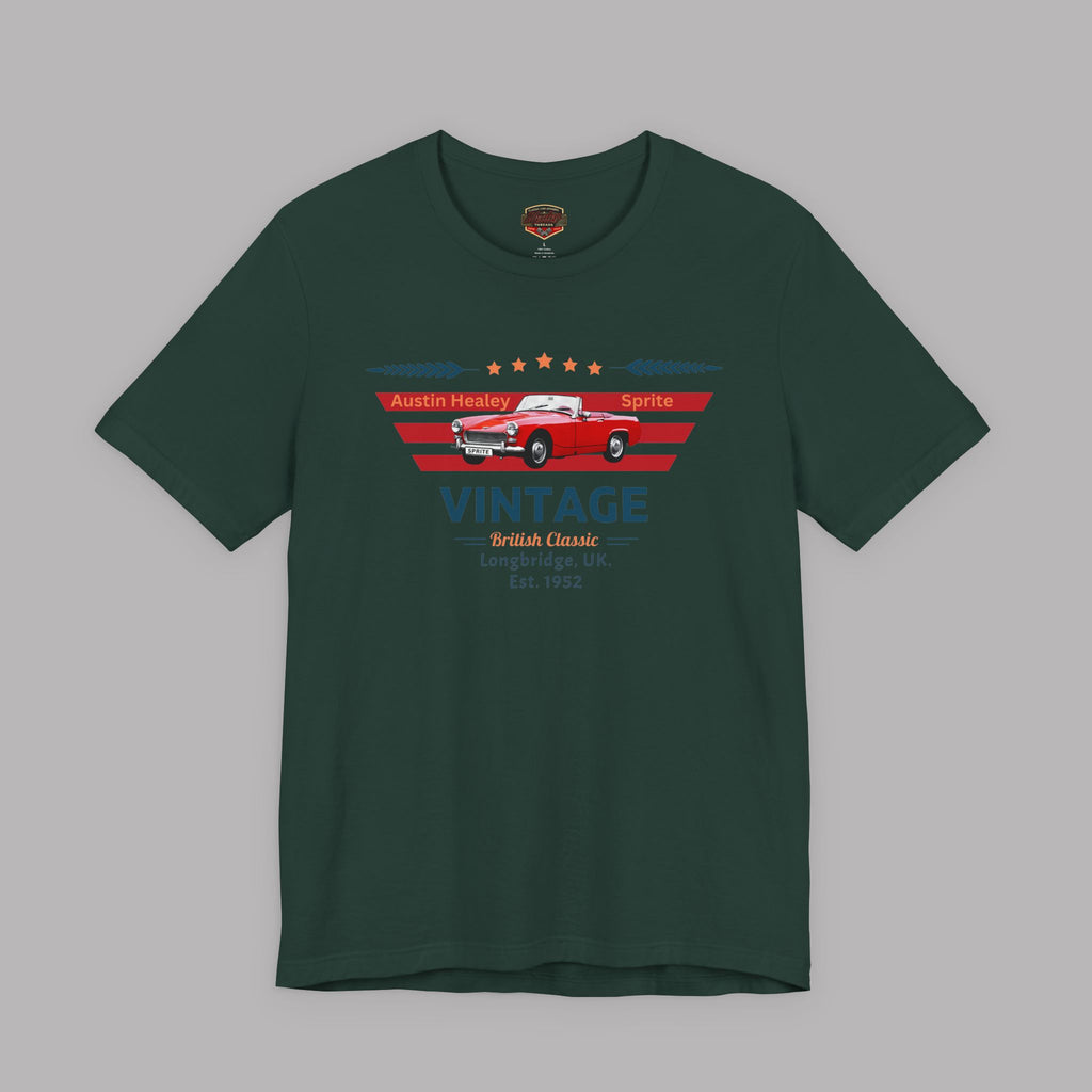 Forest green t-shirt with a red classic car graphic and text on a gray background