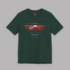 Forest green t-shirt with a red classic car graphic and text on a gray background