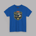 Royal blue t-shirt with Healey Threads logo on a gray background
