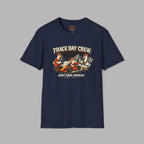 Navy blue t-shirt with 'Track Day Crew' graphic on a gray background