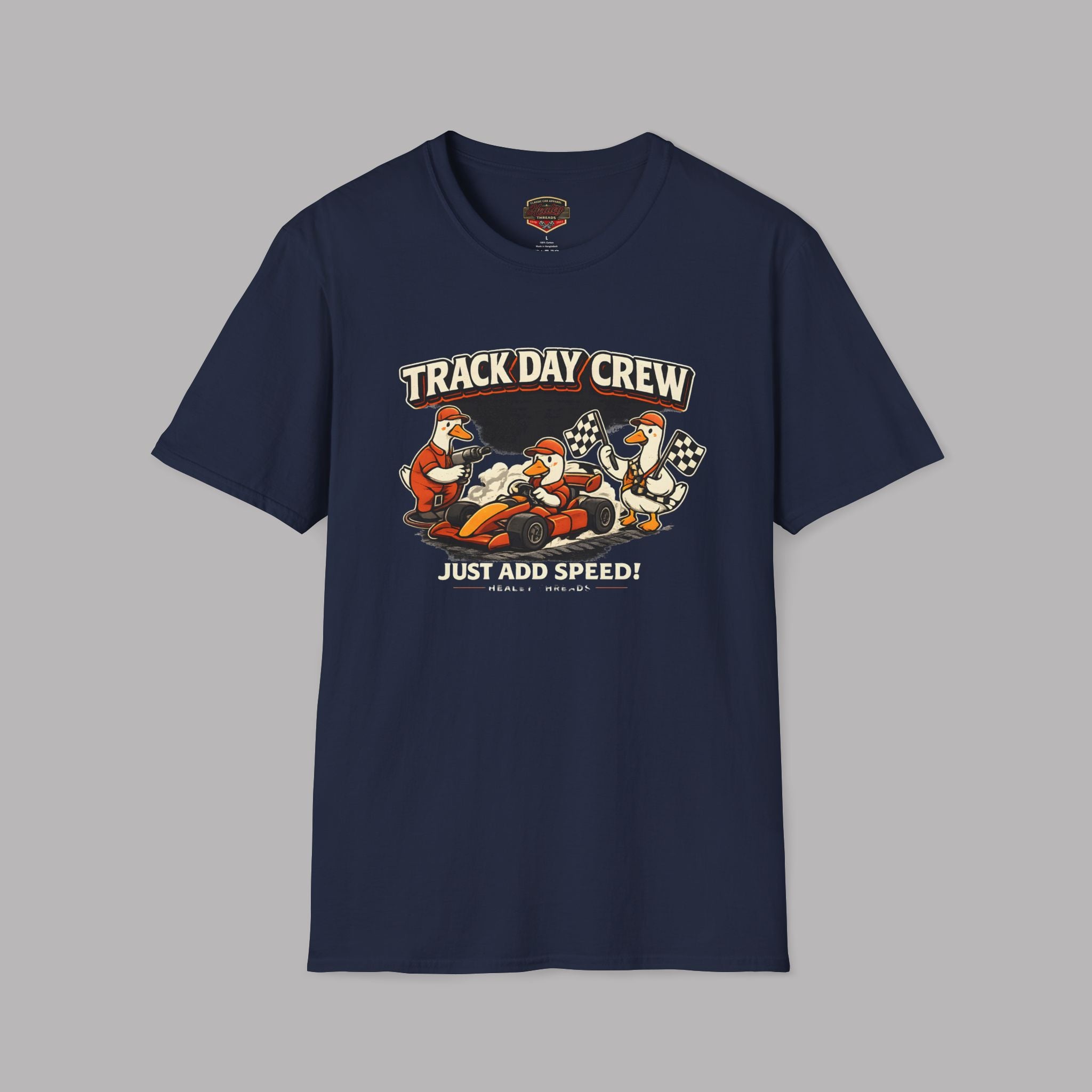Navy blue t-shirt with 'Track Day Crew' graphic on a gray background