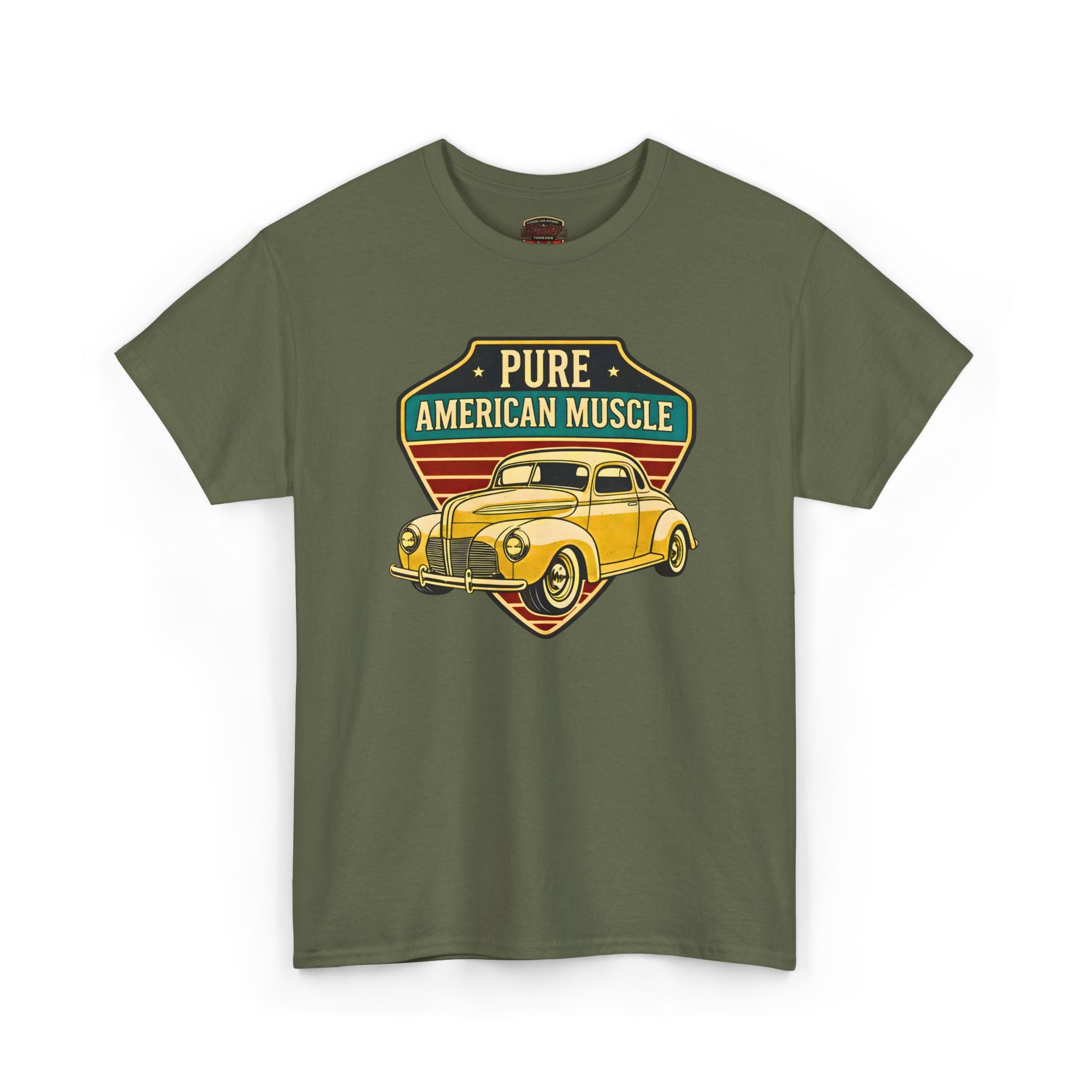 Military green t-shirt with a graphic of a yellow car and 'Pure American Muscle' text on a white background