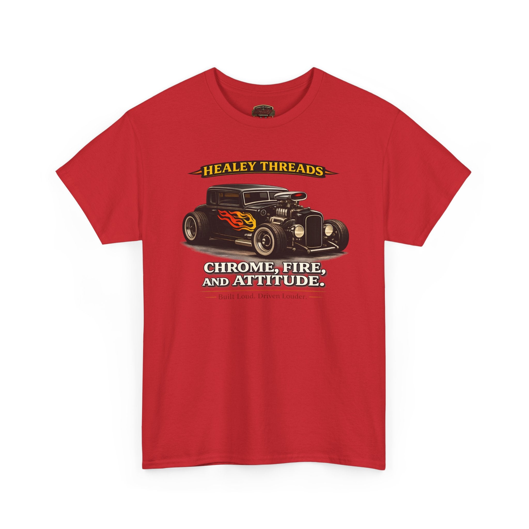 Red t-shirt with a graphic of a classic hot rod car and text on a white background