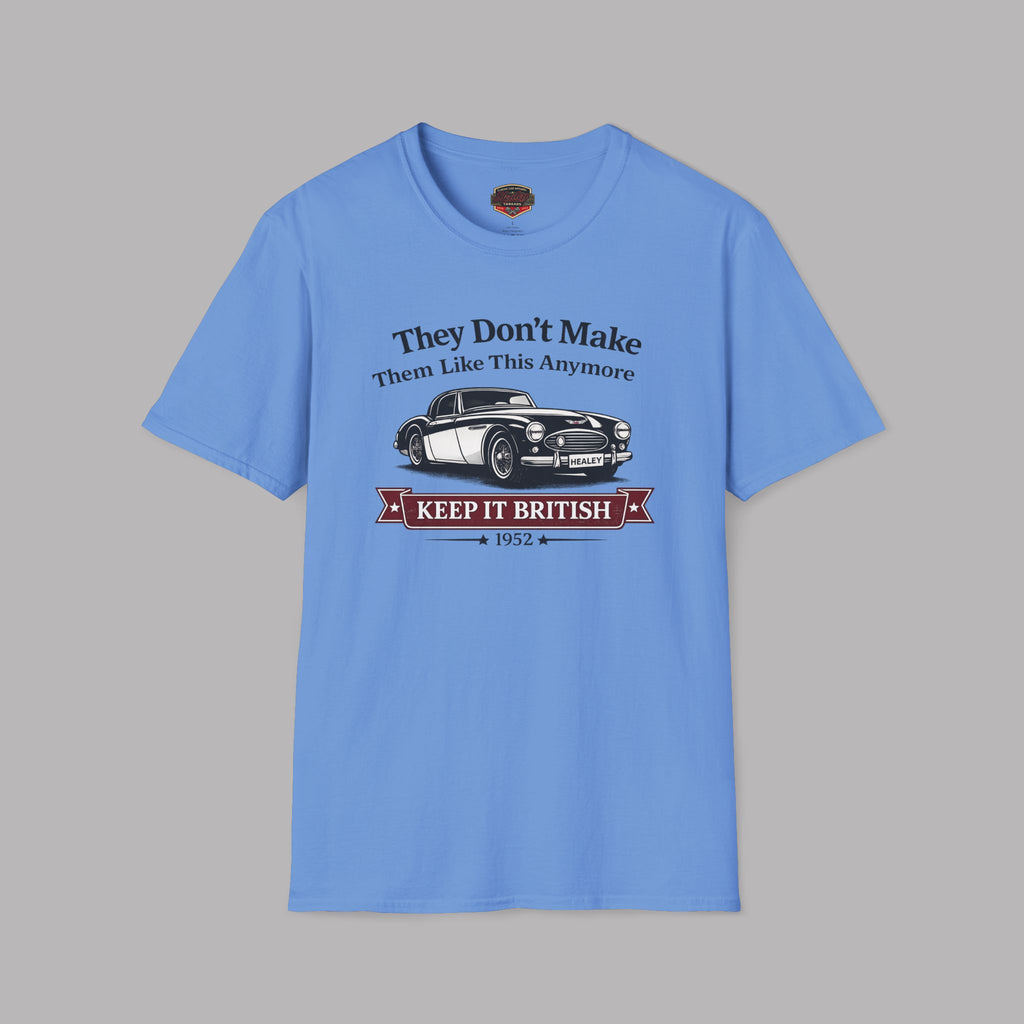 Carolina blue t-shirt with a graphic of a classic car and text on a gray background
