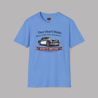Carolina blue t-shirt with a graphic of a classic car and text on a gray background
