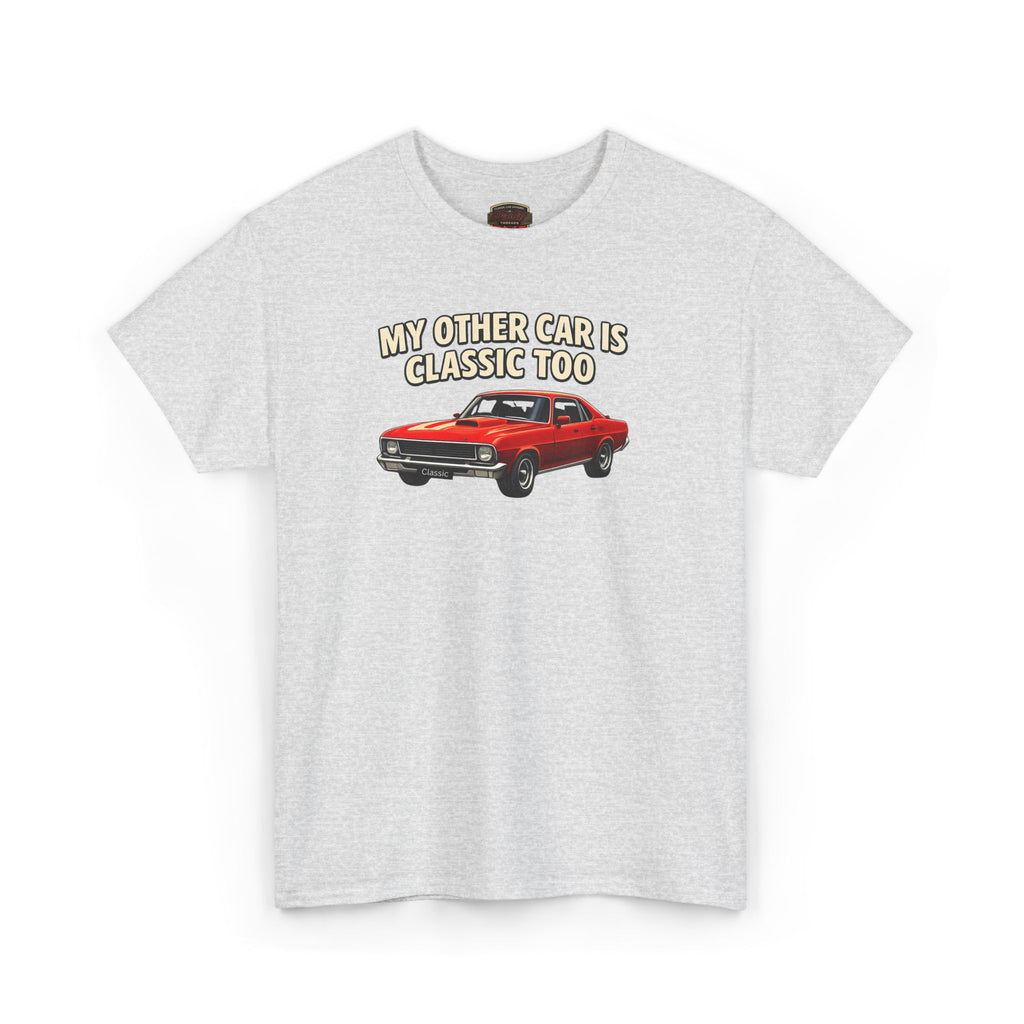 Gray t-shirt with red car graphic and text on a white background