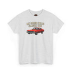 Gray t-shirt with red car graphic and text on a white background