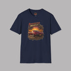 Navy blue t-shirt with 'American Muscle' graphic design on a gray background