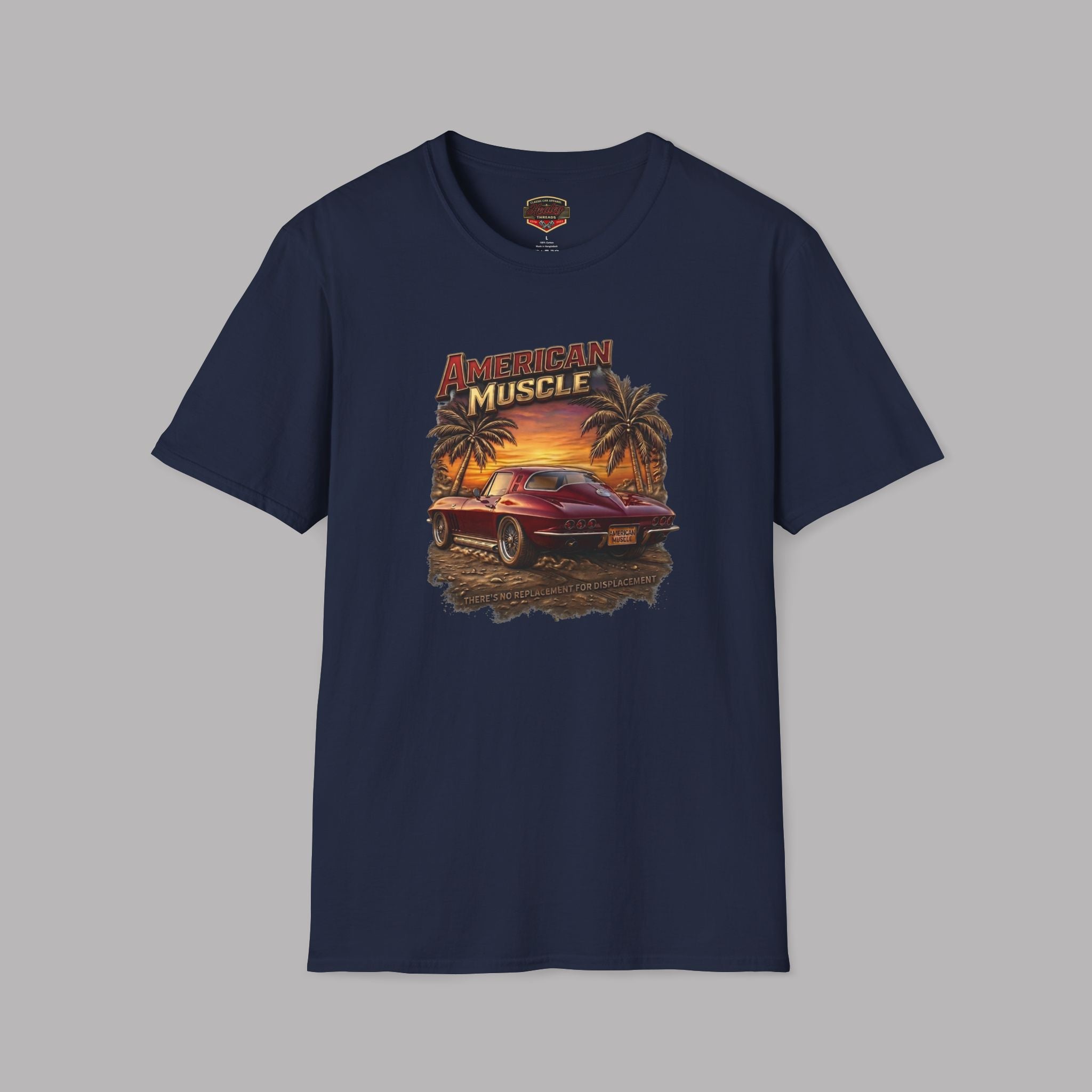 Navy blue t-shirt with 'American Muscle' graphic design on a gray background