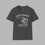 Dark heather t-shirt with a graphic of a supercharged engine graphic on a gray background