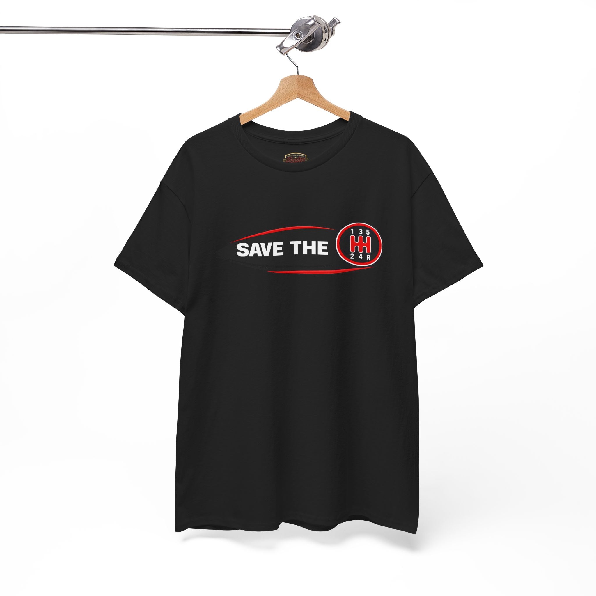 Black t-shirt with 'Save the stick shift' graphic design on a white background hanging.