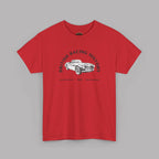 Red t-shirt with a graphic of a vintage car and text on a gray background