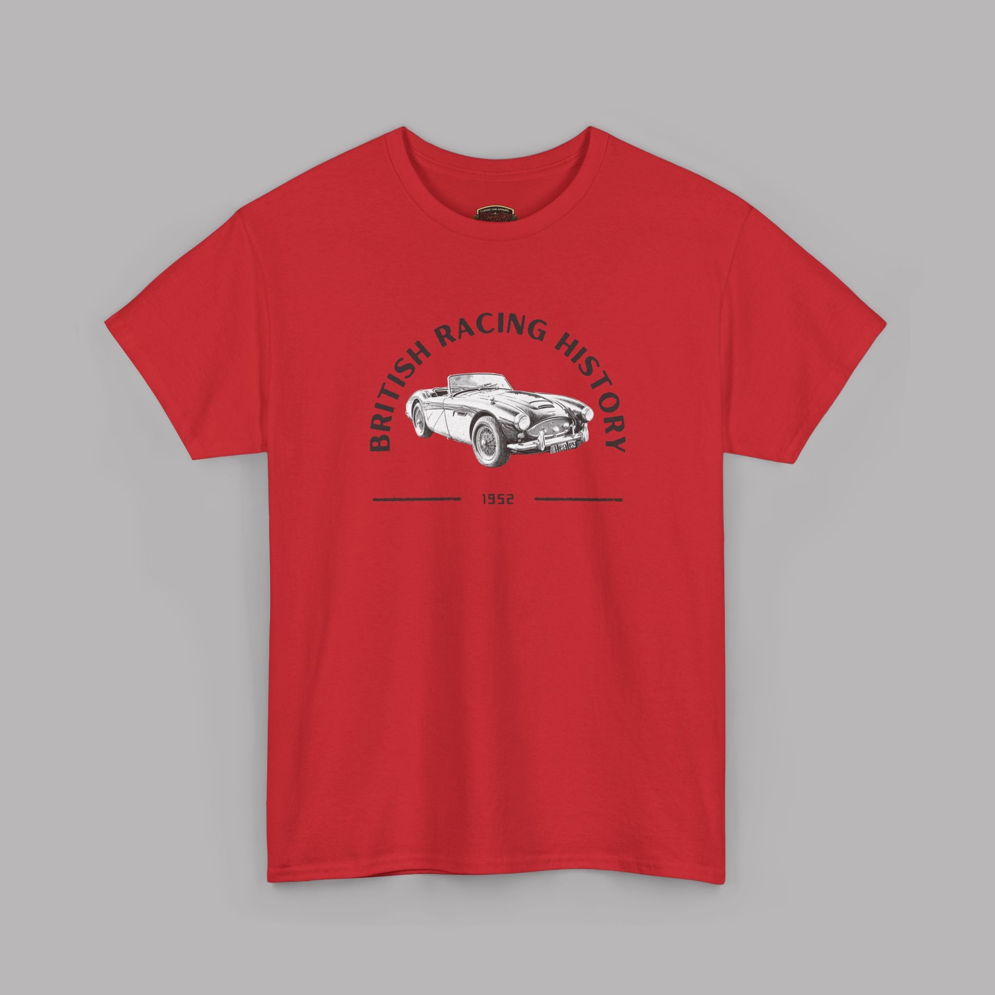 Red t-shirt with a graphic of a vintage car and text on a gray background