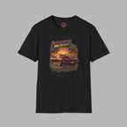 Black t-shirt with 'American Muscle' graphic design featuring a car and sunset scene on a gray background.