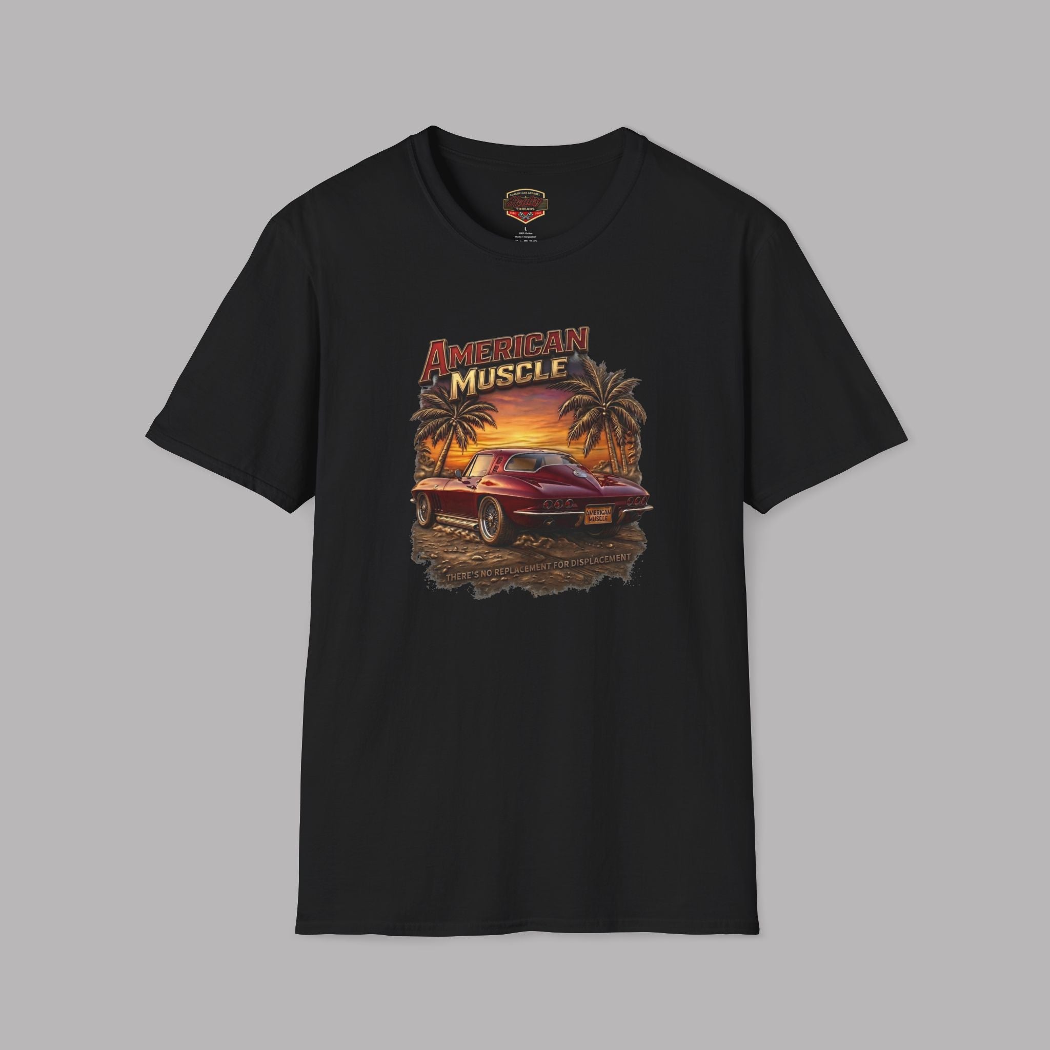 Black t-shirt with 'American Muscle' graphic design featuring a car and sunset scene on a gray background.