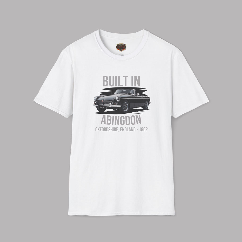 White t-shirt with a classic car and gray text on a gray background
