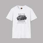 White t-shirt with a classic car and gray text on a gray background