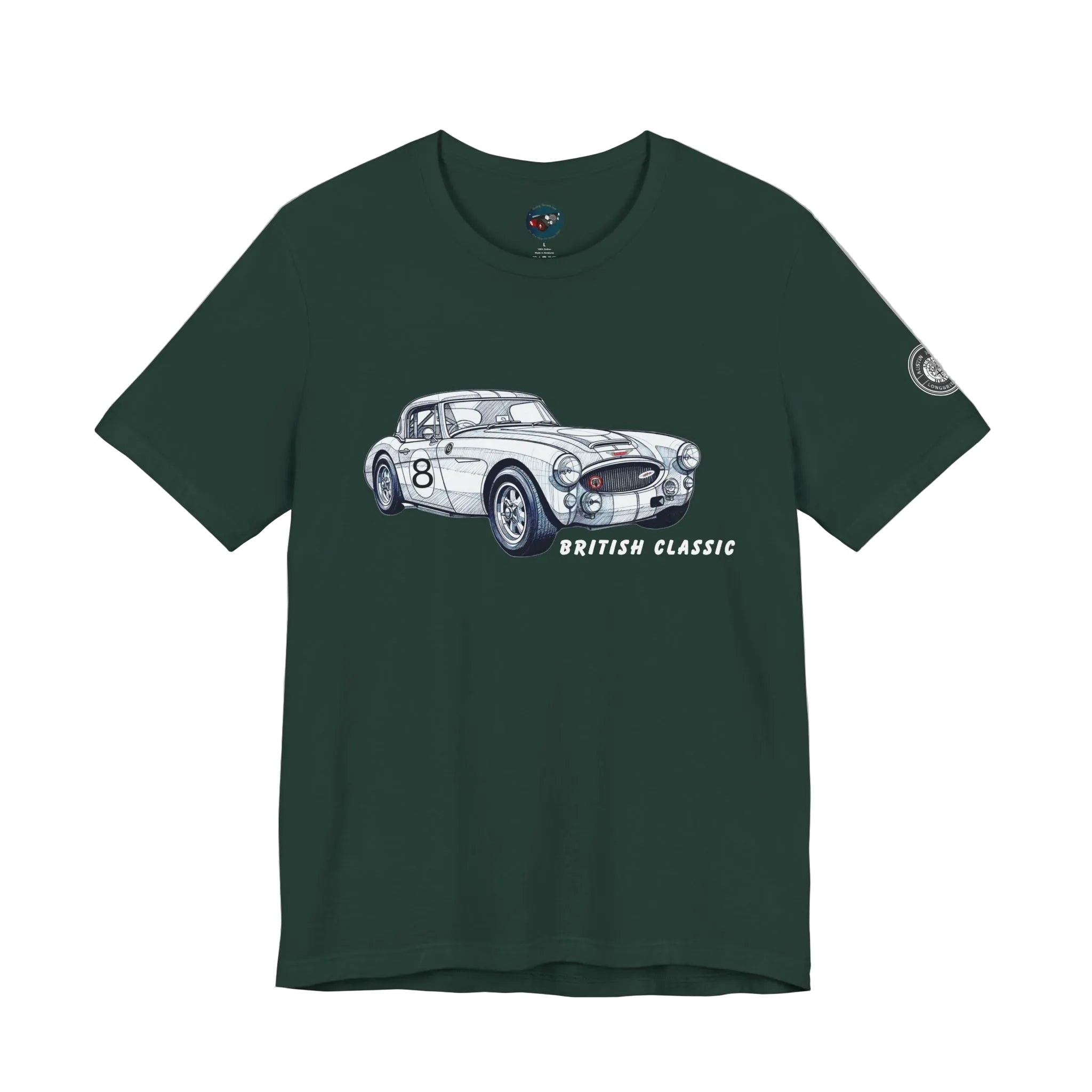 Forest green t-shirt with a white car graphic and 'British Classic' text on a white background