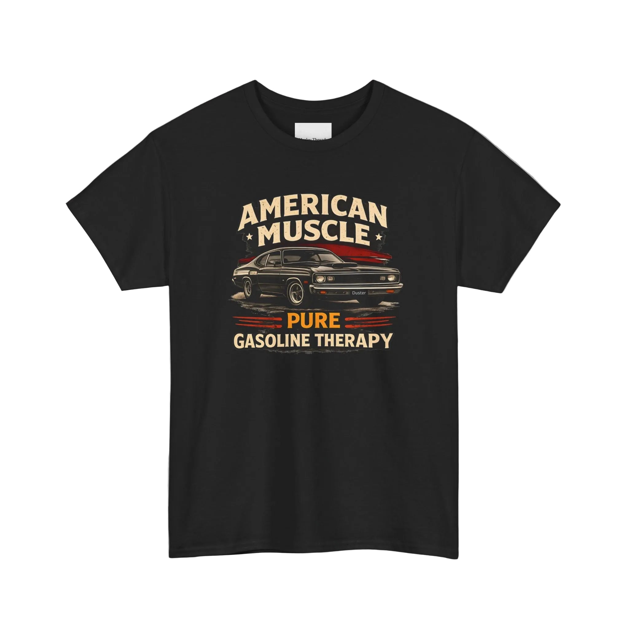 Black t-shirt with American muscle car graphic and text on a white background