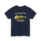 Navy blue t-shirt with a graphic of a yellow car and text on a white background