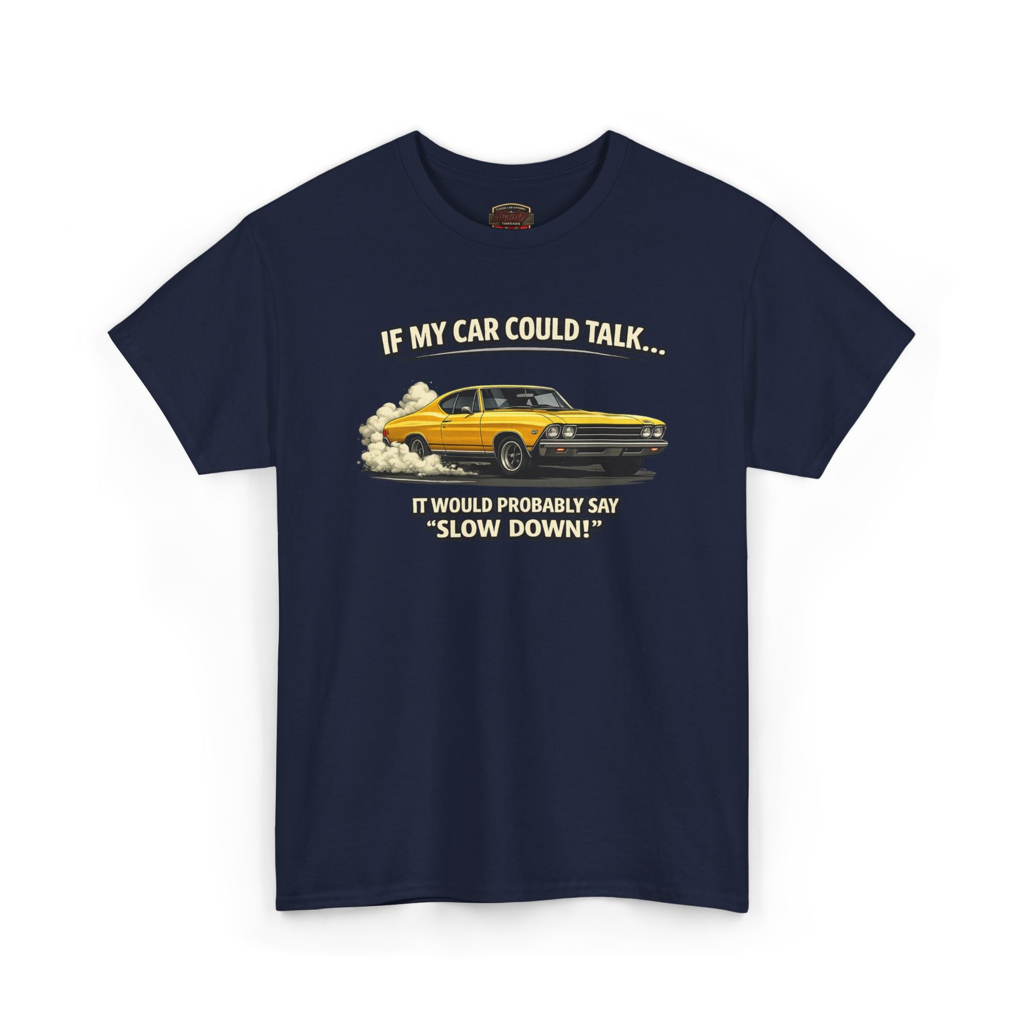 Navy blue t-shirt with a graphic of a yellow car and text on a white background