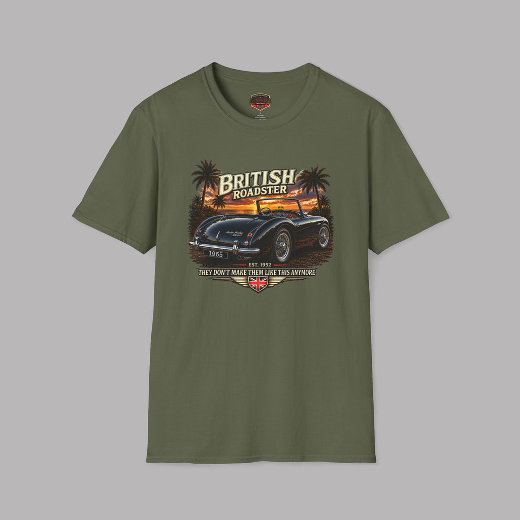 Military green t-shirt with a graphic of a vintage car and 'British Roadster' text on a gray background