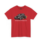 Red t-shirt with a black car graphic and text on a white background