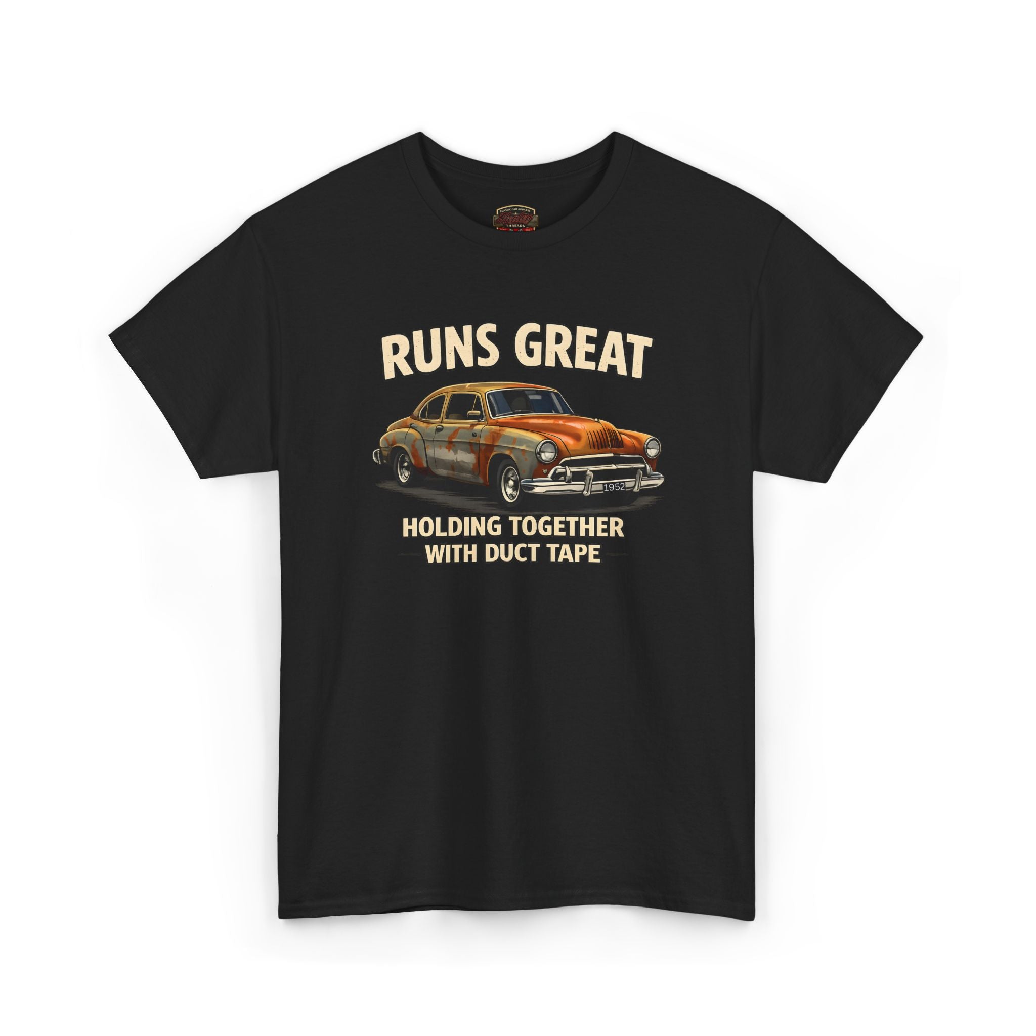 Black t-shirt with a graphic of an old car and text on a white background