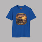 Vintage 1965 surfer van royal blue t-shirt with retro beach sunset graphic and “Chase Sunsets. Find Yourself.”