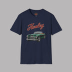 Navy blue t-shirt with a green classic car graphic and 'Healey' text on a gray background