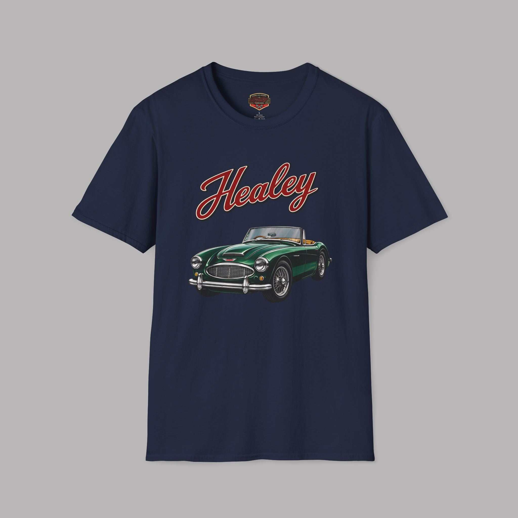 Navy blue t-shirt with a green classic car graphic and 'Healey' text on a gray background