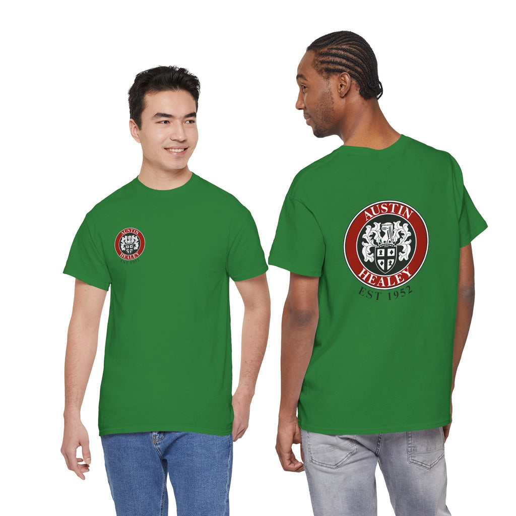 Two people wearing green t-shirts with a logo on a white background