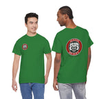 Two people wearing green t-shirts with a logo on a white background