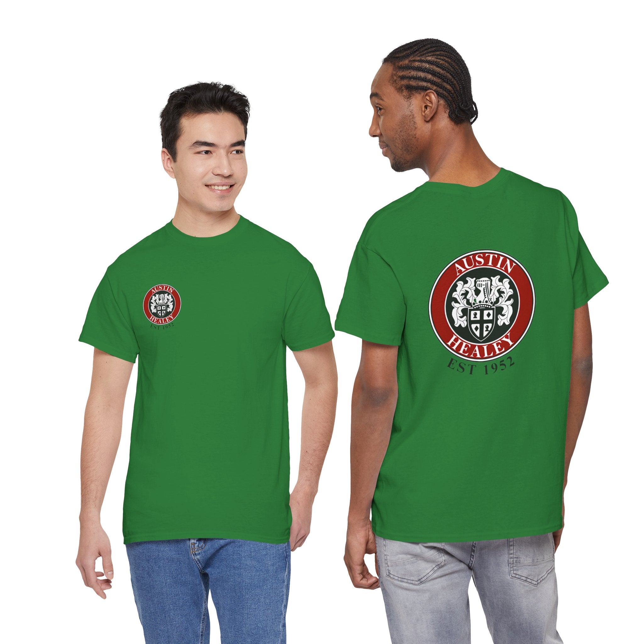 Two people wearing green t-shirts with a logo on a white background