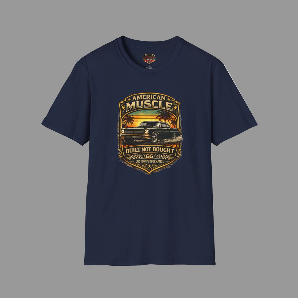 Navy blue t-shirt with a detailed classic car  graphic design on a gray background