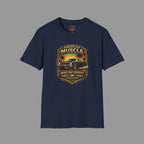Navy blue t-shirt with a detailed classic car  graphic design on a gray background