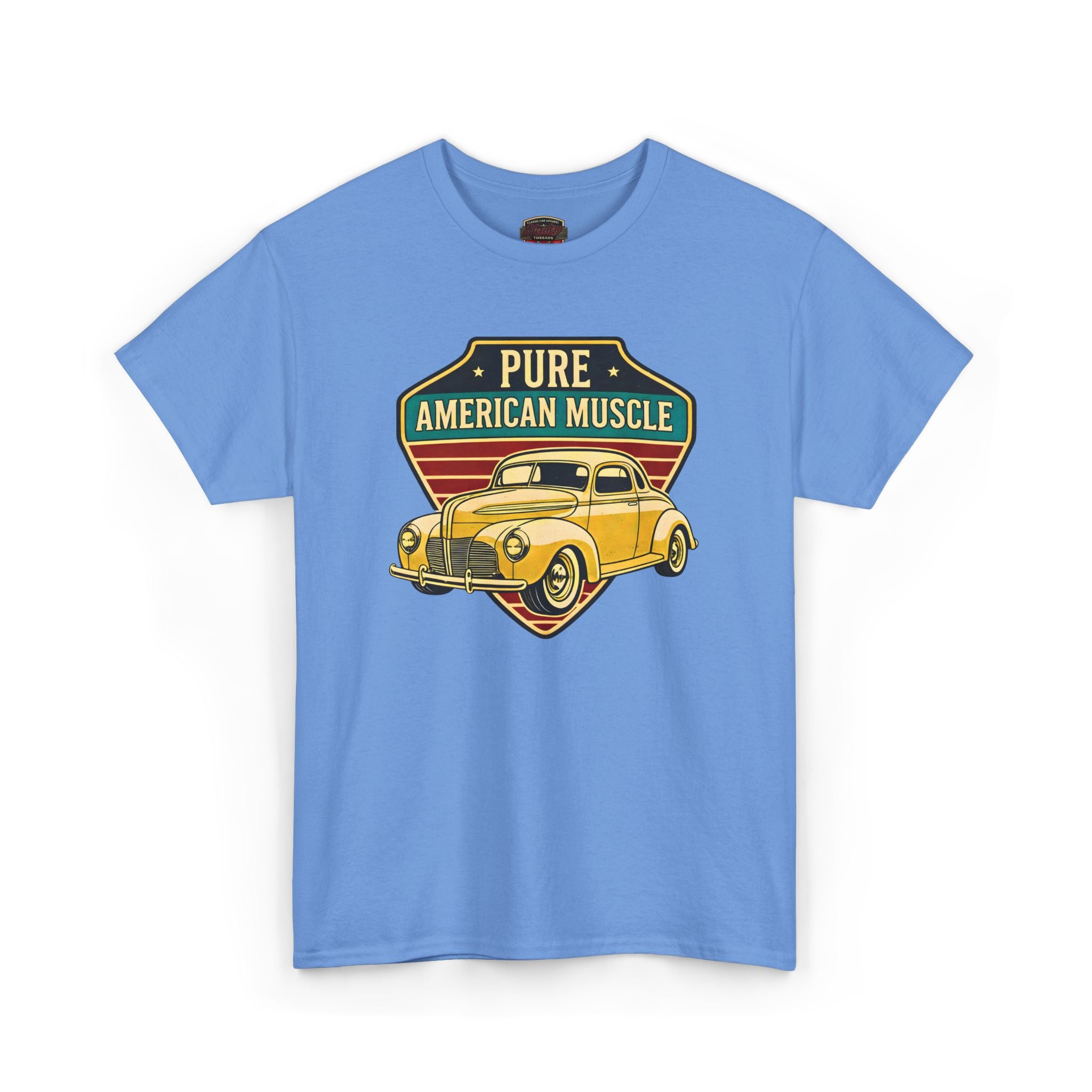 Carolina blue t-shirt with a graphic of a vintage car and 'Pure American Muscle' text on a white background