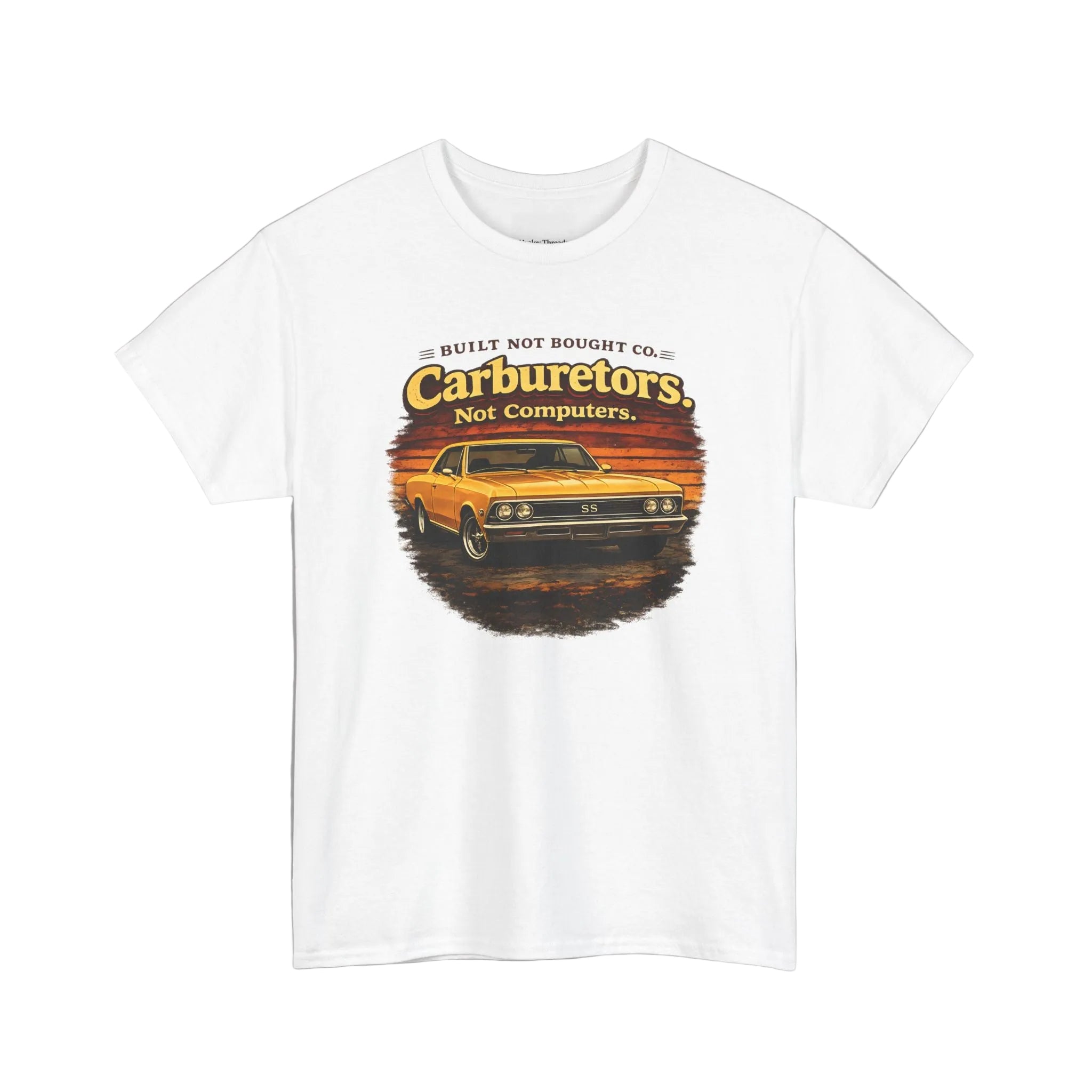 White t-shirt with a graphic design of a car and text on a white background