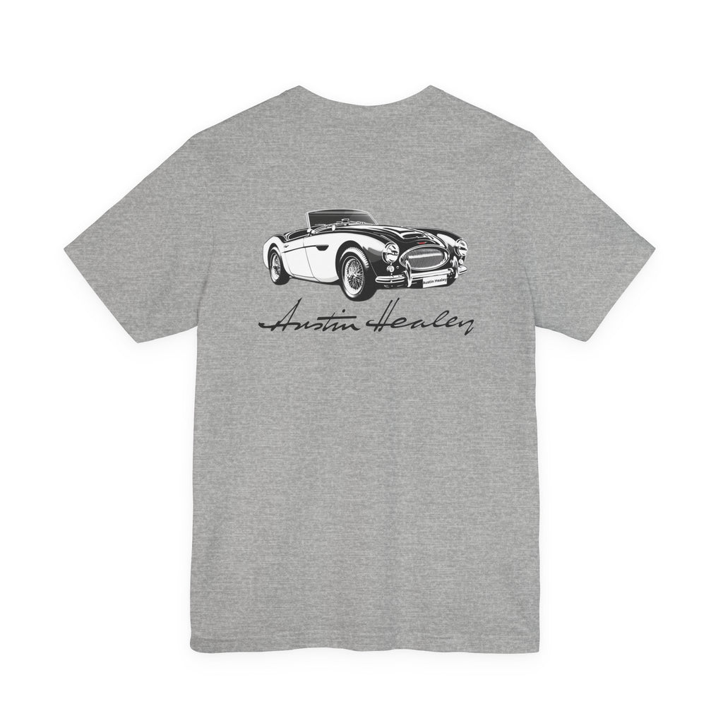 Back of a gray t-shirt with black and white graphic of a classic car and 'Austin Healey' text on a white background