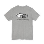 Back of a gray t-shirt with black and white graphic of a classic car and 'Austin Healey' text on a white background