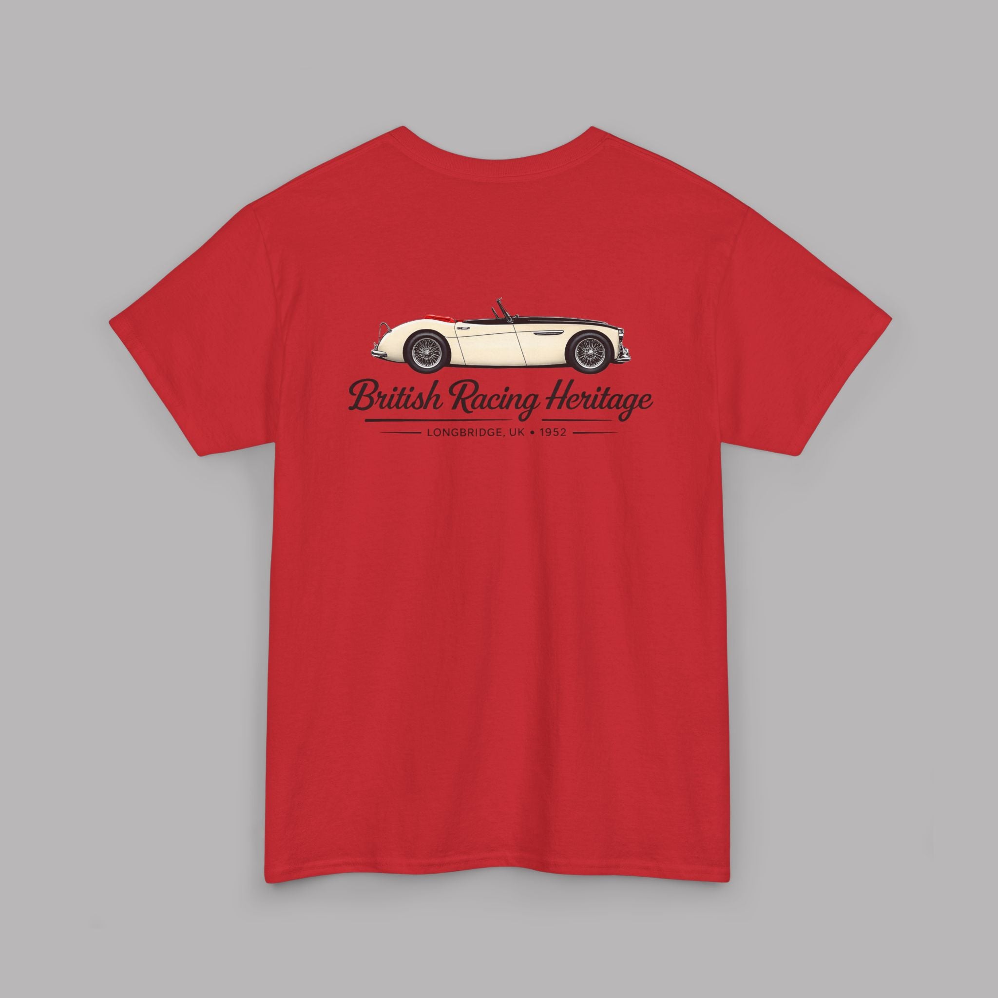 Back view of a red t-shirt with a vintage Healey car graphic and 'British Racing Heritage' text on a gray background