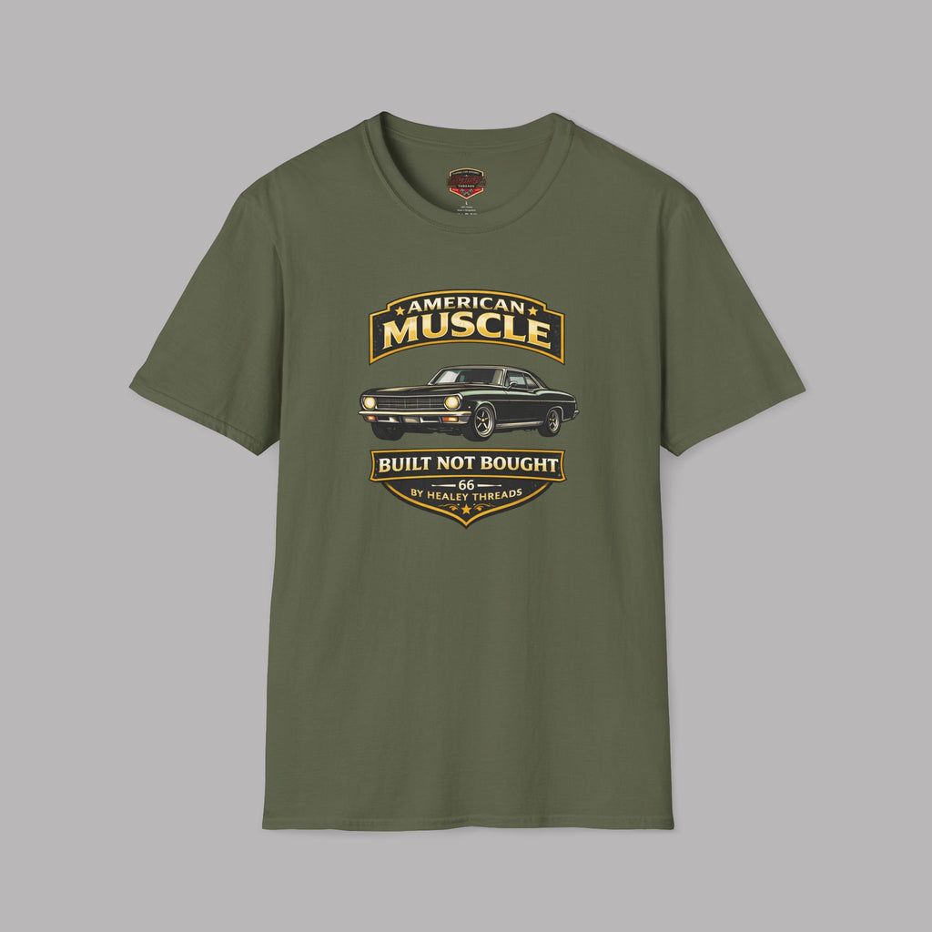 Military green t-shirt with 'American Muscle' car graphic design on a gray background