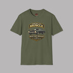 Military green t-shirt with 'American Muscle' car graphic design on a gray background