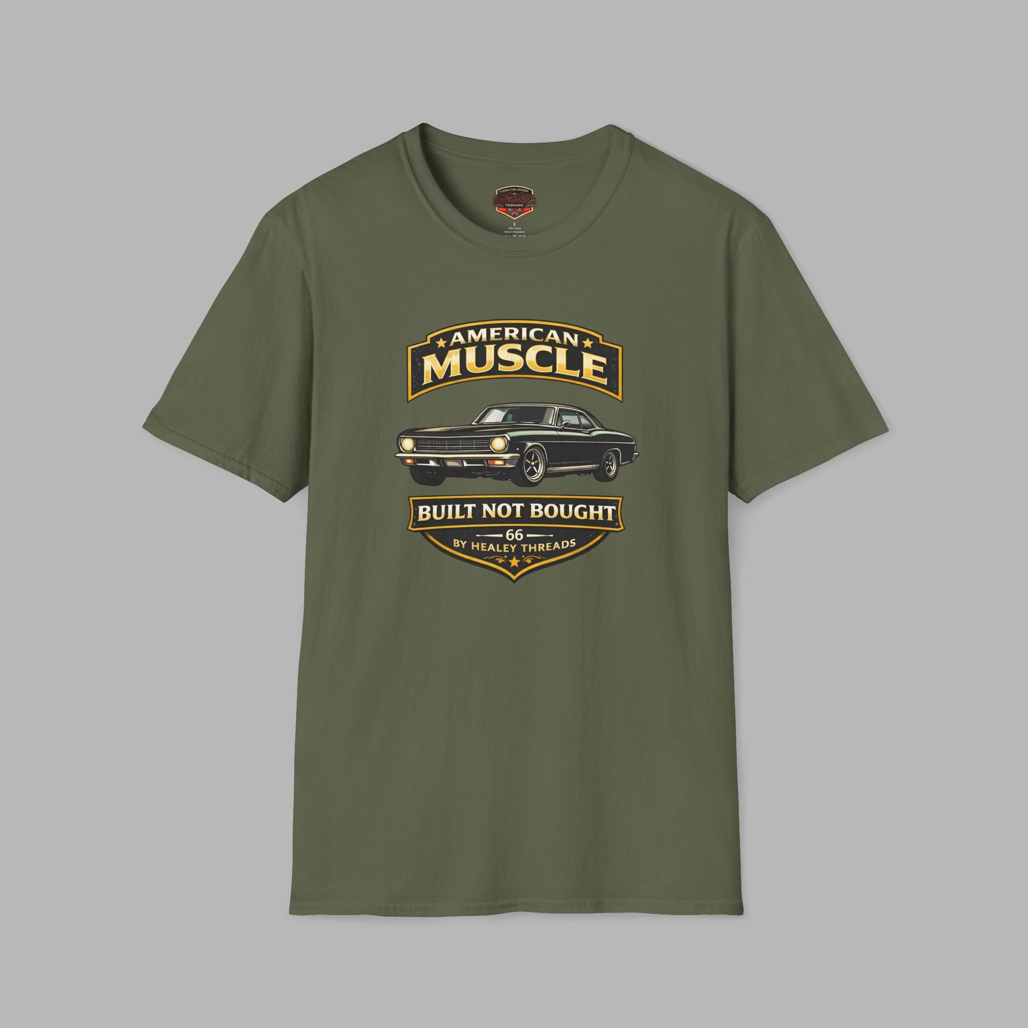 Military green t-shirt with 'American Muscle' car graphic design on a gray background