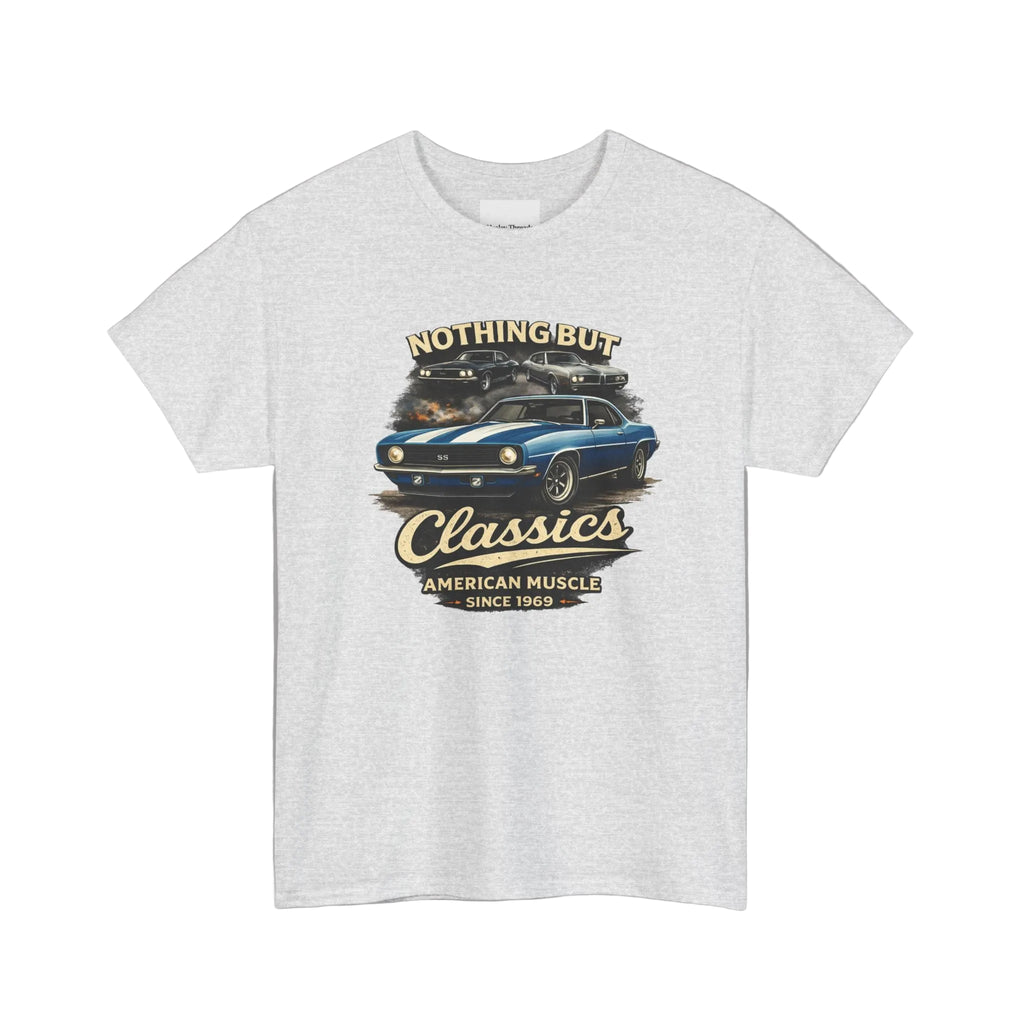 Ash t-shirt with a graphic of a car and text on a white background