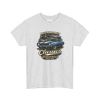 Ash t-shirt with a graphic of a car and text on a white background