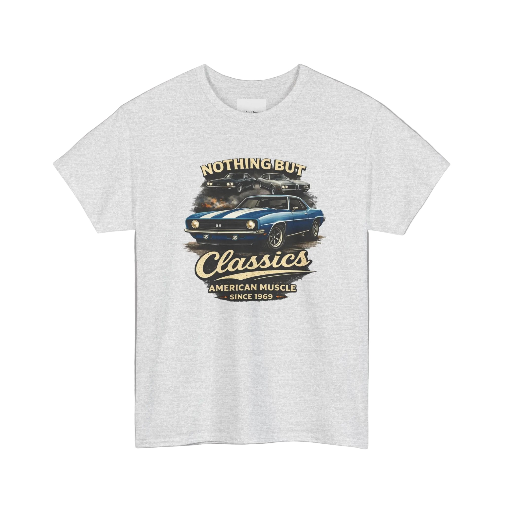 Ash t-shirt with a graphic of a car and text on a white background