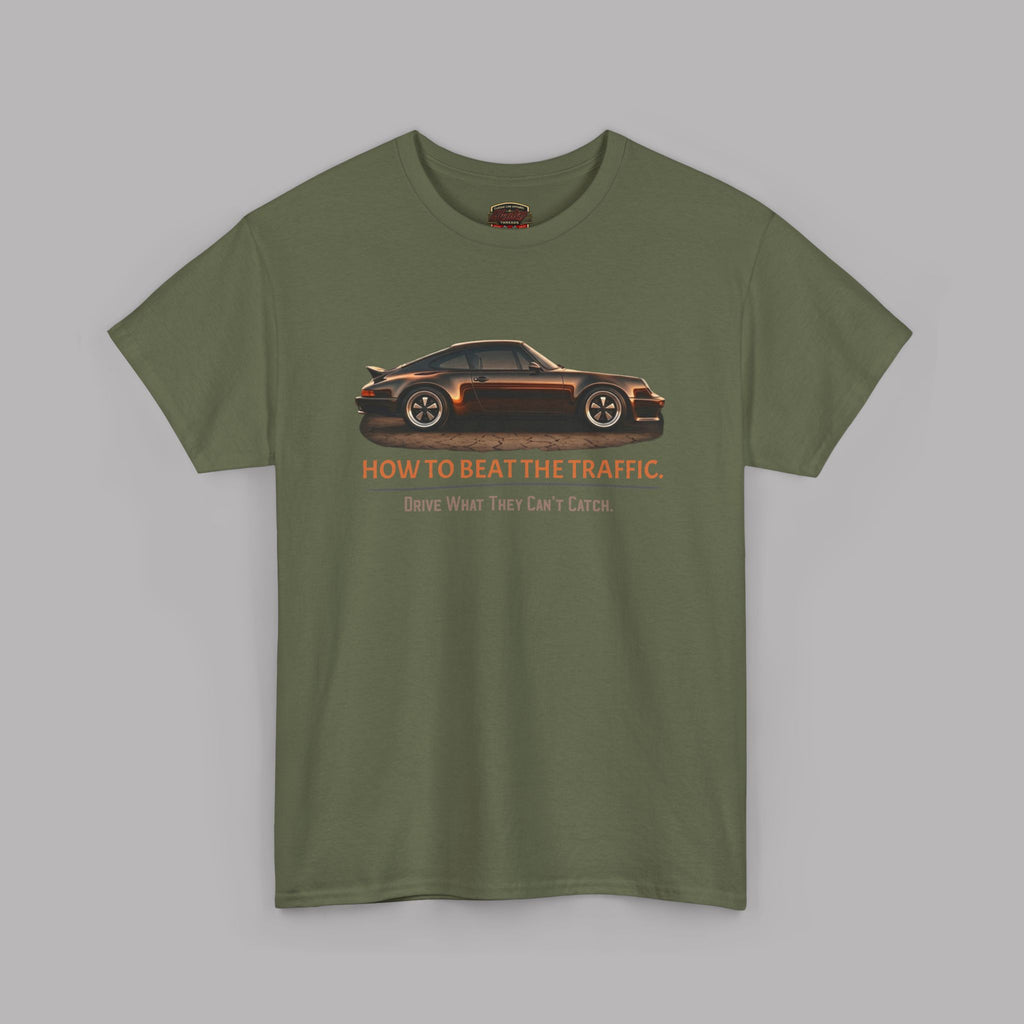 Military green t-shirt with a car graphic and text on a gray background